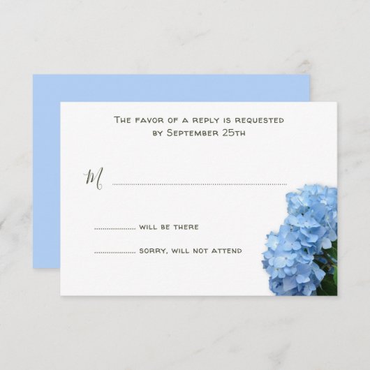 ブルーフローラシンプルRSVPアジサイ白い返信 出欠カード (正面/裏面)