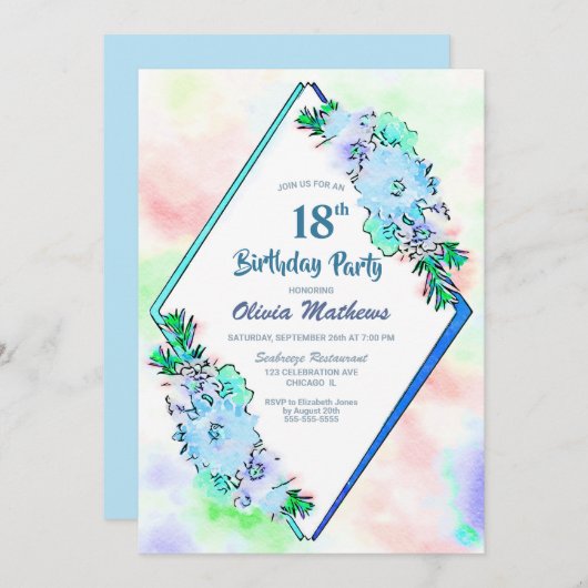 ブルーフローラジオメトリック18th誕生日パーティー 招待状 (正面/裏面)