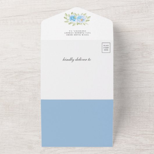 ブルーフローラジャングルサファリかわいいタイガーベビーシャワー オールインワン招待状 (外側)