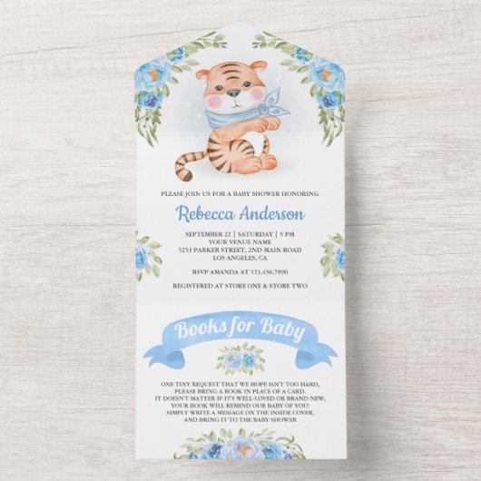ブルーフローラジャングルサファリかわいいタイガーベビーシャワー オールインワン招待状 (内側)