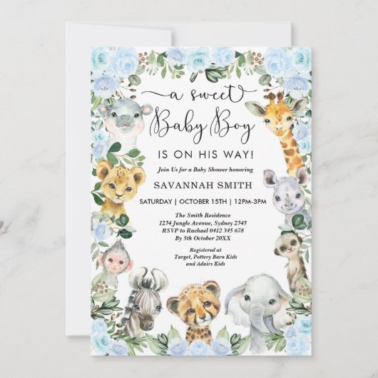 ブルーフローラジャングルサファリアニマルズボーイベビーシャワー 招待状 (正面)
