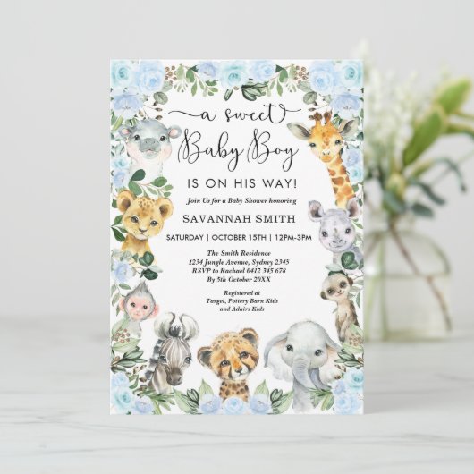 ブルーフローラジャングルサファリアニマルズボーイベビーシャワー 招待状 (スタンド正面)