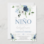 ブルーフローラスペインのベビーシャワーボーイ 招待状 (正面)