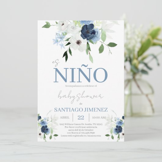 ブルーフローラスペインのベビーシャワーボーイ 招待状 (スタンド正面)