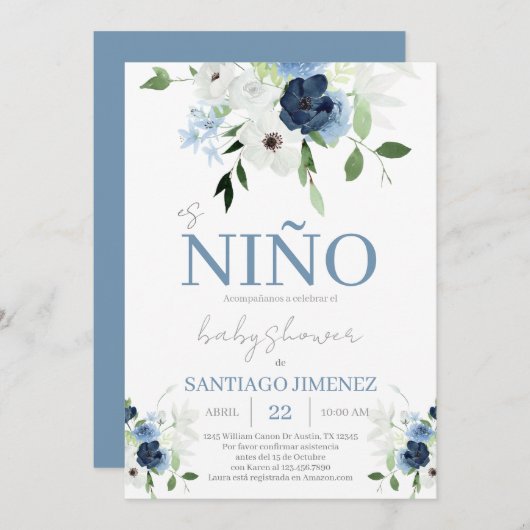 ブルーフローラスペインのベビーシャワーボーイ 招待状 (正面/裏面)