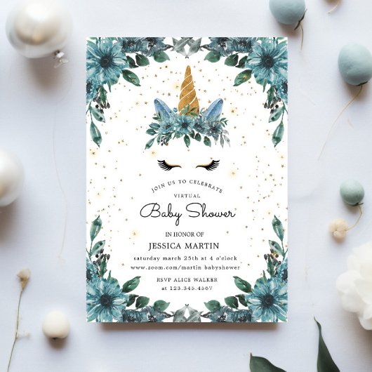 ブルーフローラスリーピーユニコーンバーチャルベビーシャワー 招待状