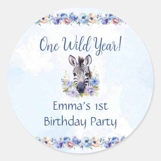 ブルーフローラゼブラ誕生日シール ラウンドシール (正面)