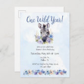 ブルーフローラゼブラ誕生日 インビテーションポストカード (正面/裏面)