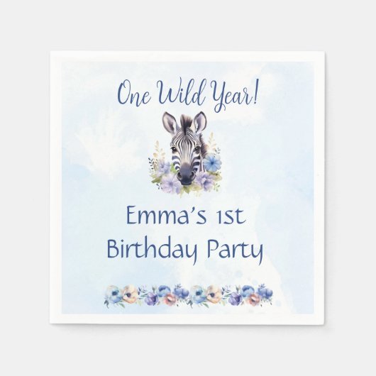 ブルーフローラゼブラ誕生日 スタンダードカクテルナプキン (正面)