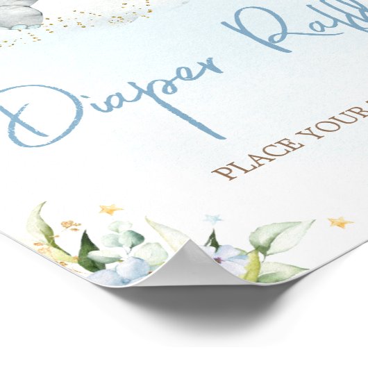 ブルーフローラゾウ赤ちゃんシャワーおむつラッフル ポスター (角)