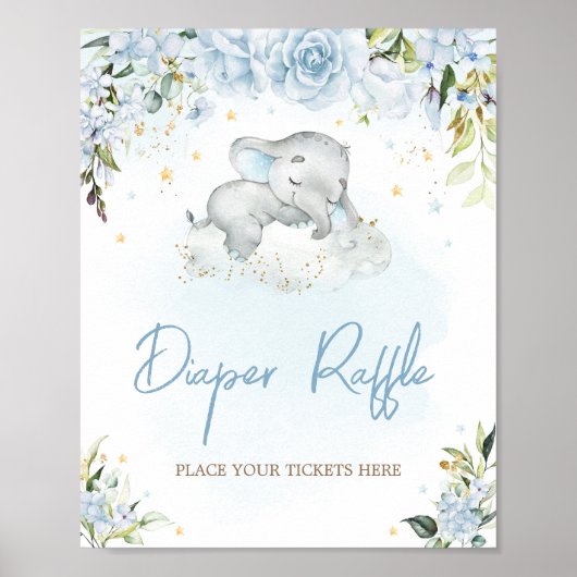 ブルーフローラゾウ赤ちゃんシャワーおむつラッフル ポスター (正面)