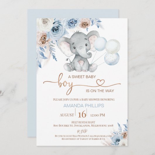 ブルーフローラゾウ風船ベビースシャワー 招待状 (正面/裏面)