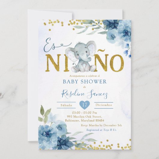 ブルーフローラゾウEsñ Nio Boy Baby Shower 招待状 (正面)