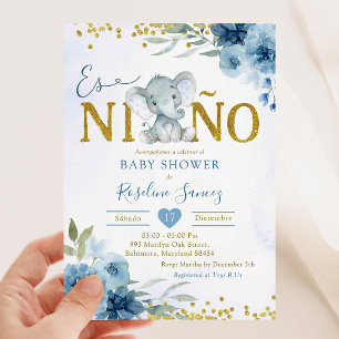 ブルーフローラゾウEsñ Nio Boy Baby Shower 招待状
