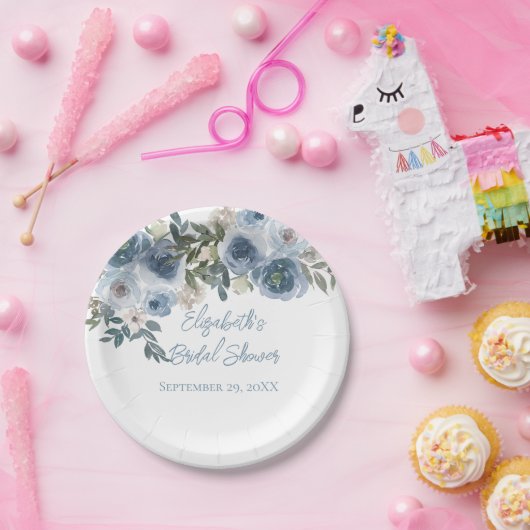 ブルーフローラダスティブルーウォーターブライダルシャワー ペーパープレート (パーティー)