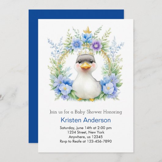 ブルーフローラダックボーイ赤ちゃんシャワー 招待状 (正面/裏面)
