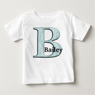 ブルーフローラダマスクプリントBモノグラムイニシャル ベビーTシャツ