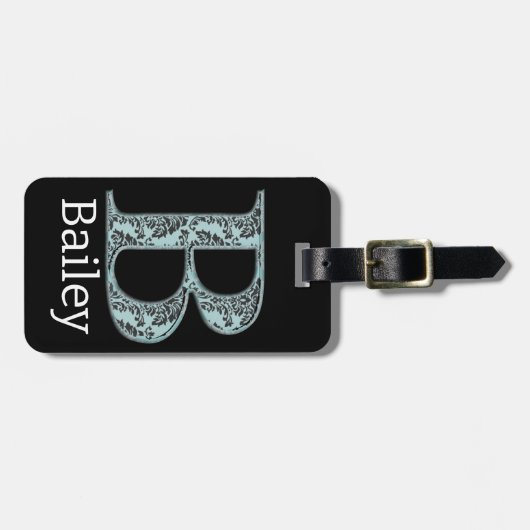 ブルーフローラダマスクプリントBモノグラムイニシャル ラゲッジタグ (正面横)