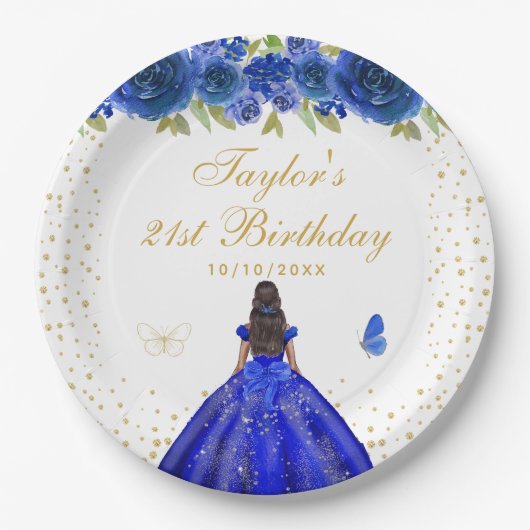ブルーフローラダークスキンプリンセスバースデーパーティー ペーパープレート (正面)