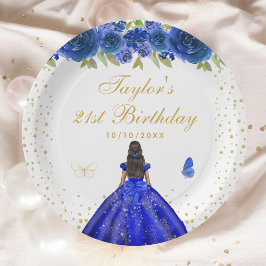 ブルーフローラダークスキンプリンセスバースデーパーティー ペーパープレート