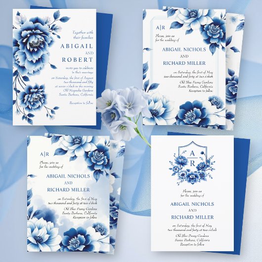 ブルーフローラチノイスリー結婚牡丹花 招待状