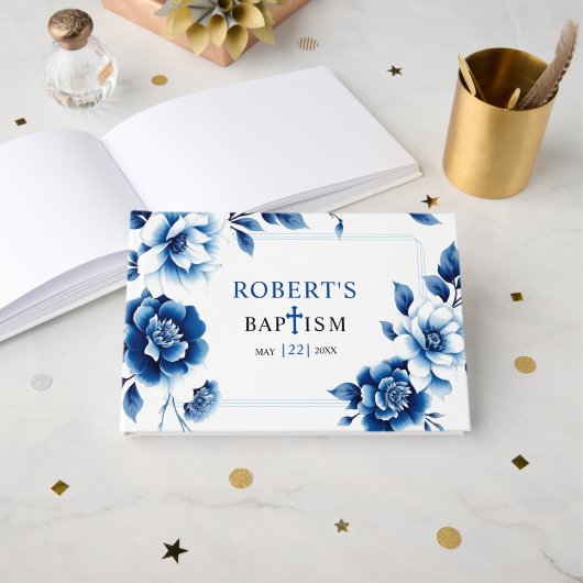 ブルーフローラチノワスリーとトリプル縁どバプティス ゲストブック (正面見開き)