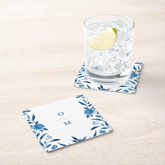 ブルーフローラチノ結婚イスリーのモノグラム スクエアペーパーコースター (インサイチュ)