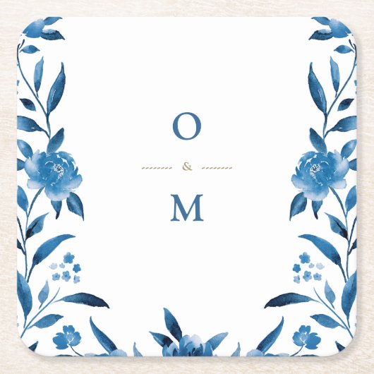 ブルーフローラチノ結婚イスリーのモノグラム スクエアペーパーコースター (正面)
