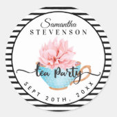 ブルーフローラティーパーティーティーカップストライプベイビーシャワー ラウンドシール (正面)