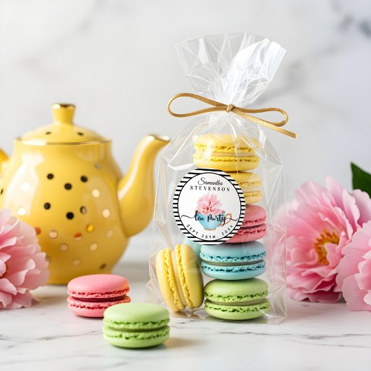 ブルーフローラティーパーティーティーカップストライプベイビーシャワー ラウンドシール