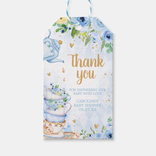 ブルーフローラティーパーティーベビーシャワーメッセージカード ギフトタグ (正面)