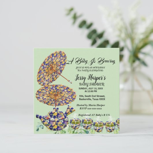 ブルーフローラティーポットアフタヌーンティーパーティーベビーシャワー 招待状 (スタンド正面)
