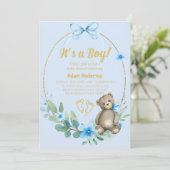ブルーフローラテディベア男の子の赤ちゃんシャワー 招待状 (スタンド正面)