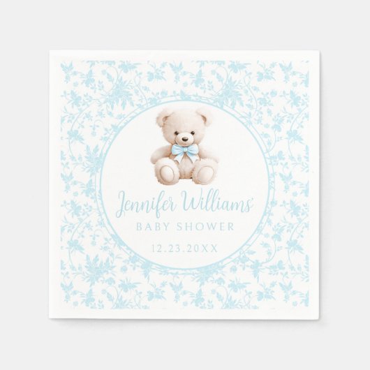 ブルーフローラテディベア男の赤ちゃんシャワー紙 スタンダードカクテルナプキン (正面)