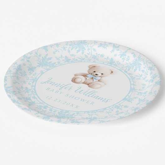 ブルーフローラテディベア男の赤ちゃんシャワー紙 ペーパープレート (アングル)