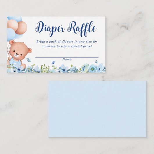 ブルーフローラテディベア赤ちゃんシャワーおむつラッフル エンクロージャーカード (正面/裏面)