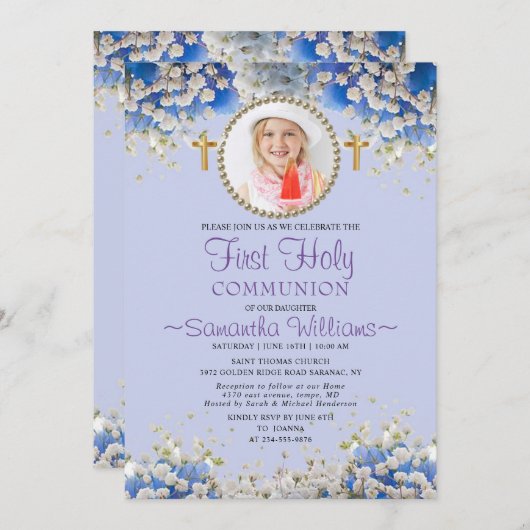 ブルーフローラデイジーフォトファースト招待状 招待状 (正面/裏面)