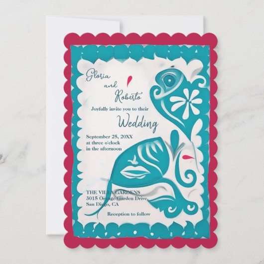 ブルーフローラハートパペルピカドメキシ結婚カン 招待状 (正面)
