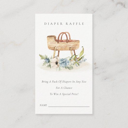 ブルーフローラバシネットおむつラッフルベビーシャワー エンクロージャーカード (正面)