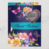 ブルーフローラバタフライスウィート16誕生日招待状 招待状 (正面/裏面)