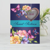ブルーフローラバタフライスウィート16誕生日招待状 招待状 (スタンド正面)