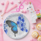 ブルーフローラバタフライラウンド紙プレート ペーパープレート (パーティー)