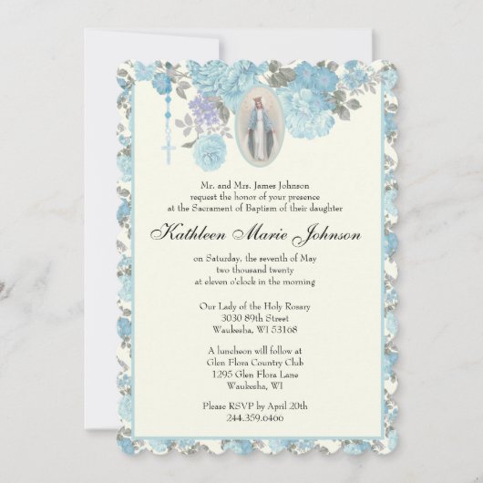 ブルーフローラバプテスマ《キリスト教》洗礼式や命名式ヴァージンメアリー 招待状 (正面)