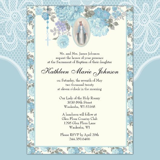ブルーフローラバプテスマ《キリスト教》洗礼式や命名式ヴァージンメアリー 招待状