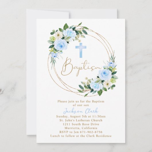 ブルーフローラバプテスマ《キリスト教》洗礼式や命名式金ゴールドフレーム 招待状 (正面)