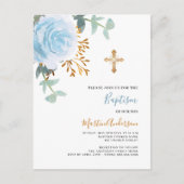 ブルーフローラバラ緑の金ゴールドクロスボーイバプテスマ インビテーションポストカード (正面)