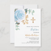 ブルーフローラバラ緑の金ゴールドクロスボーイバプテスマ 招待状 (正面)