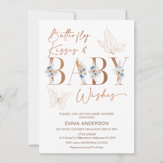 ブルーフローラバラ金ゴールドバタフライキスベビーシャワー 招待状 (正面)