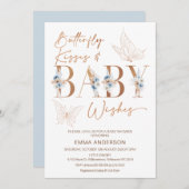 ブルーフローラバラ金ゴールドバタフライキスベビーシャワー 招待状 (正面/裏面)