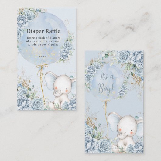 ブルーフローラバルーンエレファントベビーシャワーおむつ エンクロージャーカード (正面/裏面)